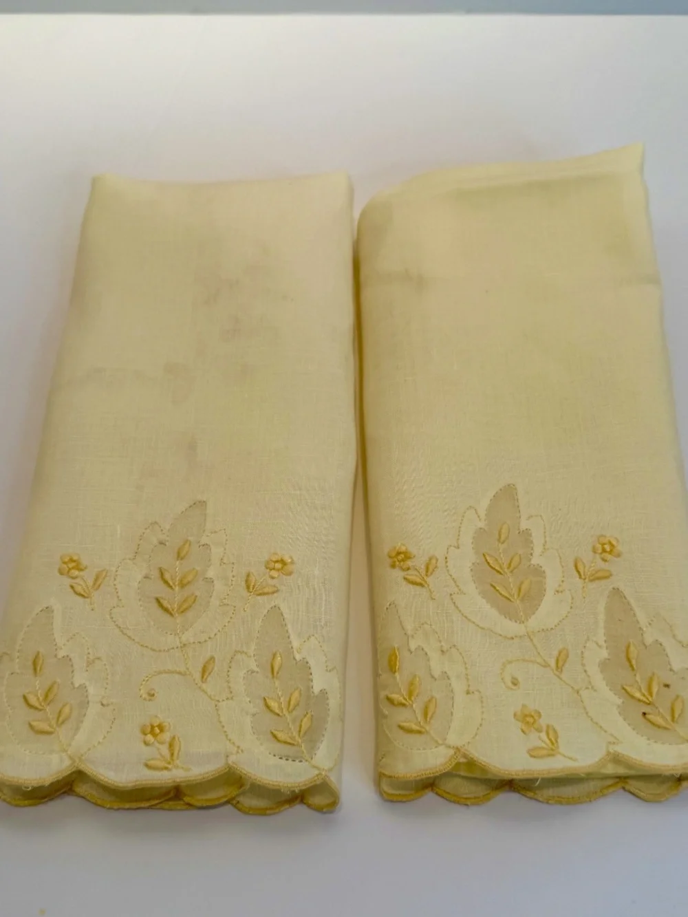 Pair Vintage Embroidered Pale Yellow Madeira Linen & Organza Fingertip Towels